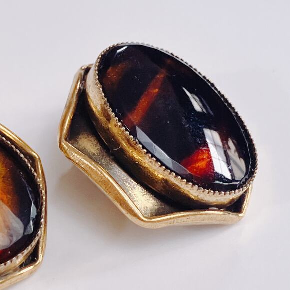 Vintage Signed Original by Robert Clip On Earrings, MCM Glass Hexagon Cabochon - Picture 5 of 10